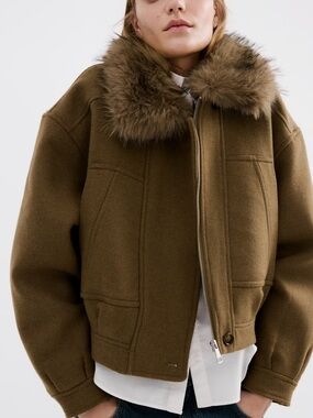 Mango brown Bomber Jacket with Faux Fur Collar